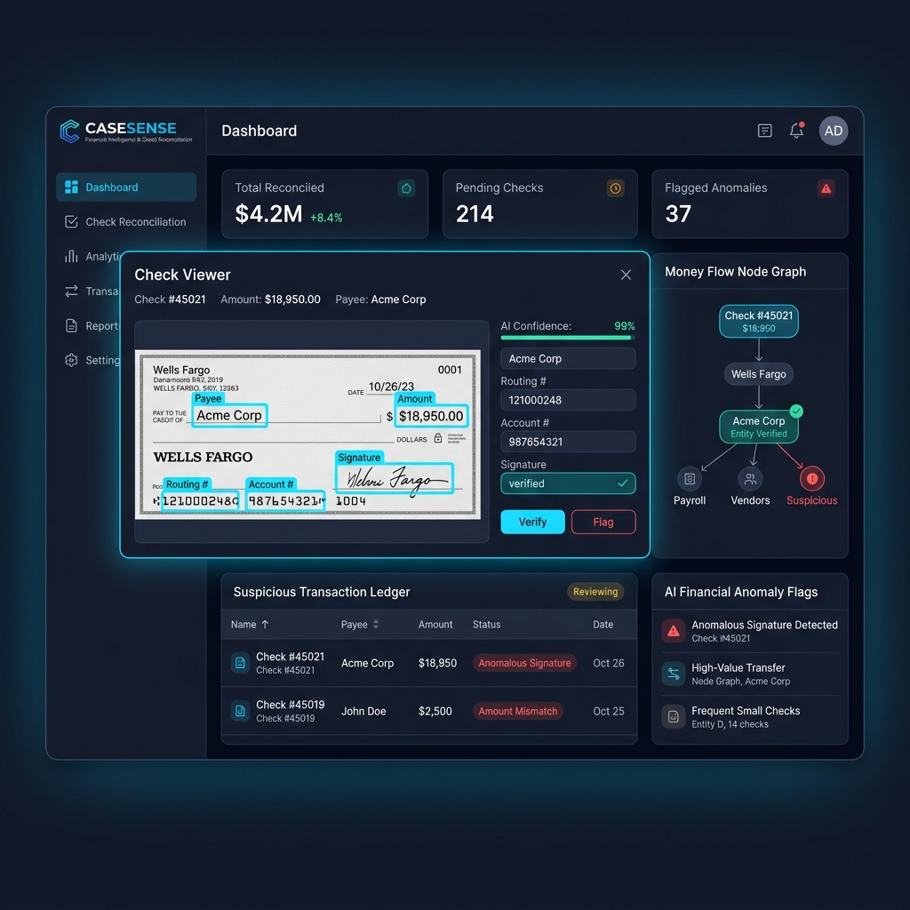 CaseSense Financial Intelligence & Check Viewer Interface